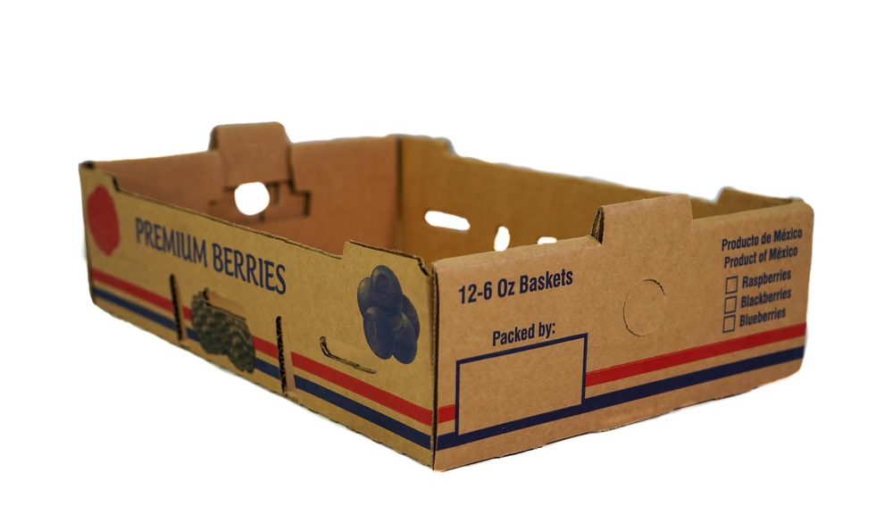 Caja de cartón para berries premium, formato 12 canastillas de 6 onzas